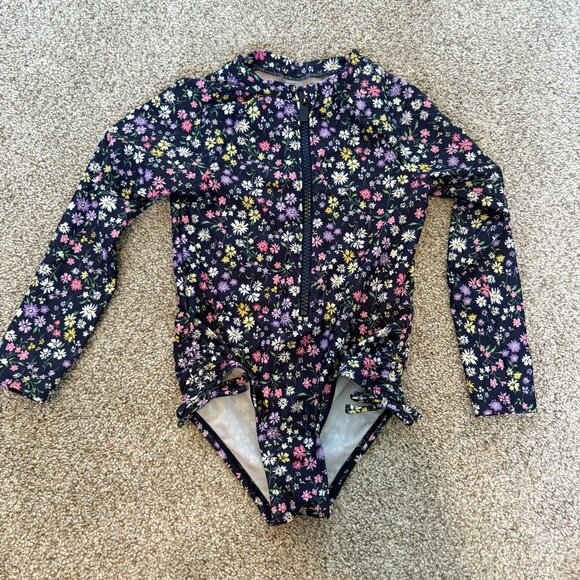 Old Navy Rash Guard Style Long Sleeve Navy Floral Print Bathing Suit Size 3T - Picture 1 of 7